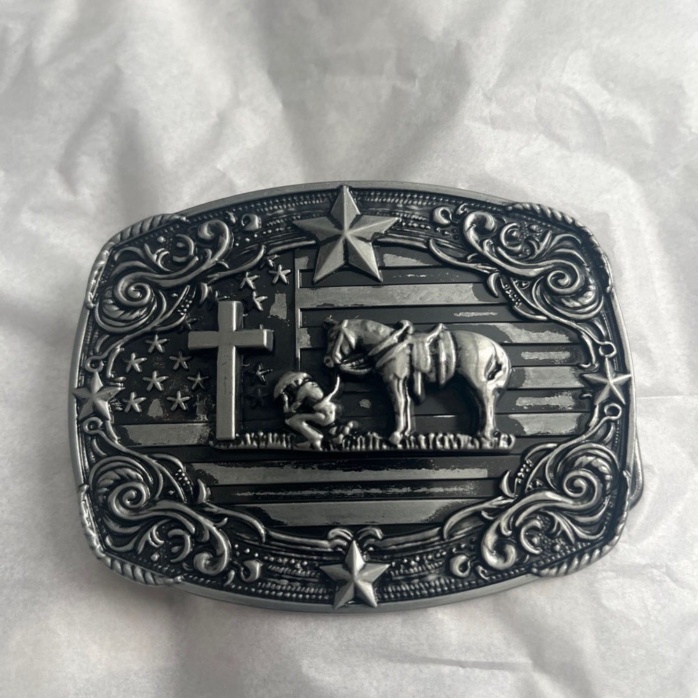 Silver Patina Western Belt Buckle with Stars Stripes and Cross